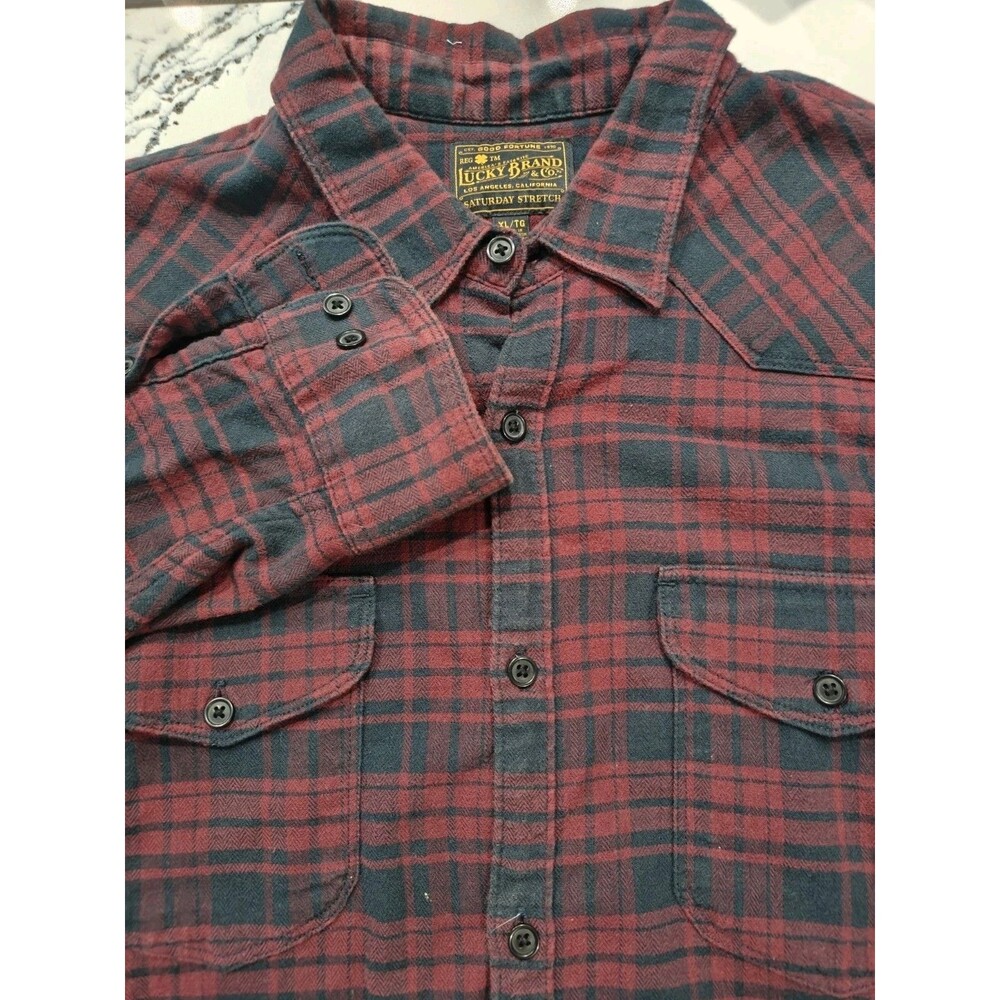 Lucky Brand Flannel Shirt Mens XL Red Blue Dark Plaid Saturday Stretch